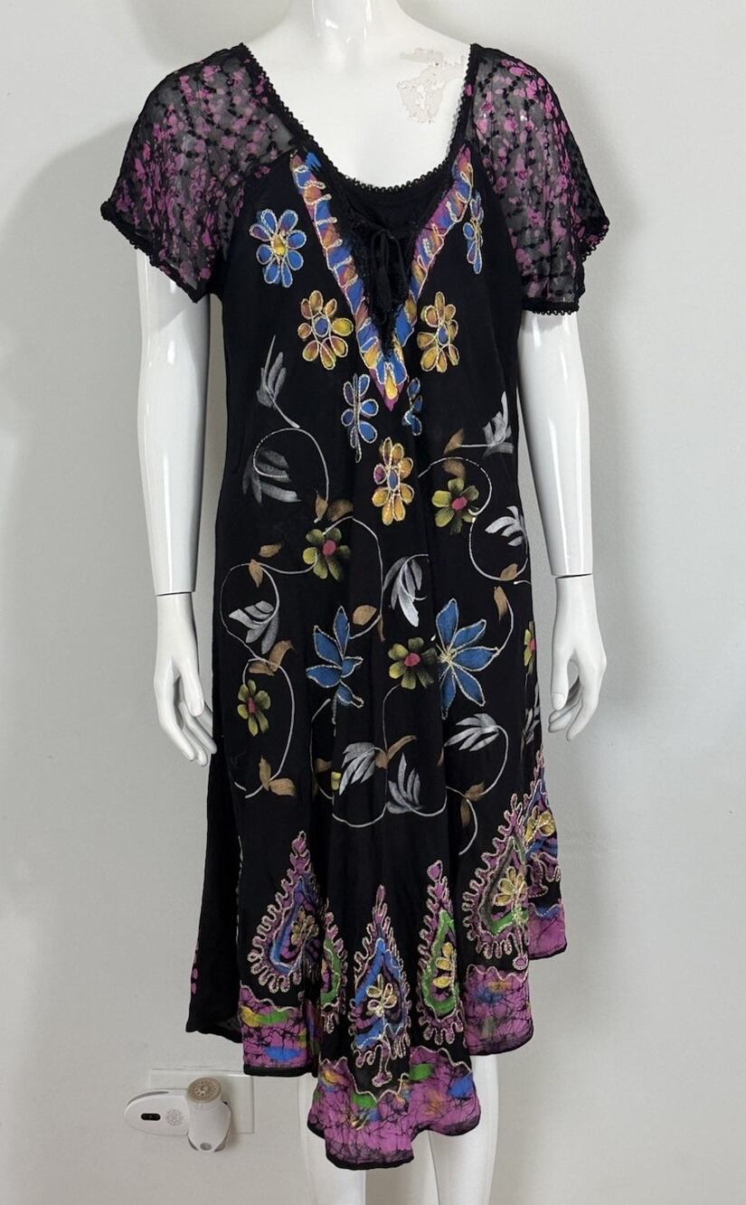Vintage Y2K Women’s Midi Dress Fairycore Black Floral Embroidered Boho One Size